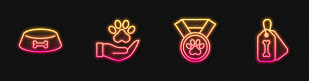设置宠物奖励标志，猫或狗的食物碗，带有动物足迹的手和狗的锁骨。发光的霓虹灯图标。向量图片下载