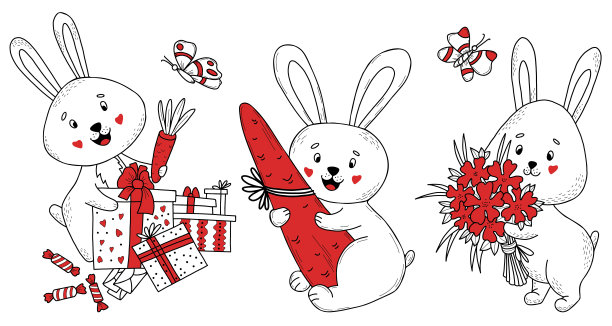 可爱的兔子角色与礼物。兔子带着花束和胡萝卜，还有盒子和糖果。矢量插图。独立元素的手绘涂鸦设计，装饰，问候和复活节卡片图片下载