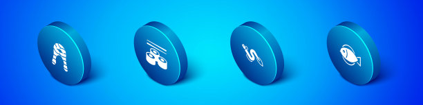 设置等距鱼排、鳗鱼鱼和寿司图标。向量图片下载