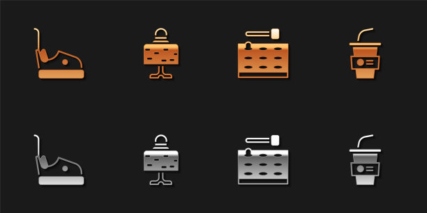 设置碰碰车，魔术球桌上，街机游戏机和纸玻璃与水的图标。向量图片下载