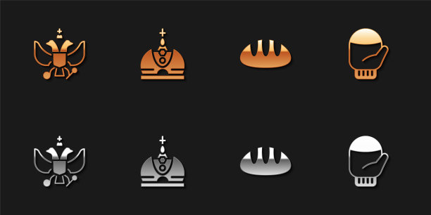 设置俄罗斯国徽，国王皇冠，面包面包和圣诞手套图标。向量图片下载