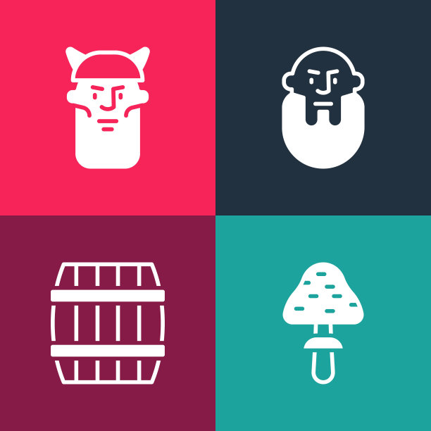 设置波普艺术蘑菇，木桶，海盗头和图标。向量图片下载