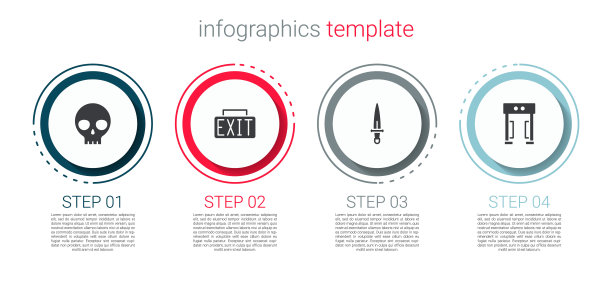设置头骨，出口标志，匕首和金属探测器。业务信息模板。向量图片下载