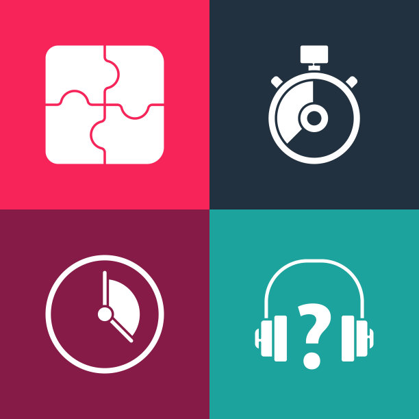 设置流行艺术耳机，时间管理，秒表和拼图图标。向量图片下载