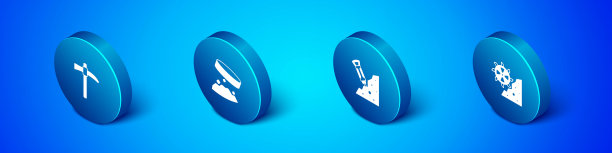 设置等距鹤嘴锄，施工手提钻，斗轮挖掘机和巨型磁铁握铁尘图标。向量图片下载