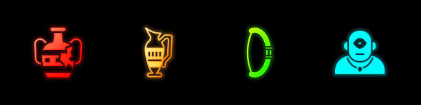 设置破碎的双耳罐，古代，中世纪的弓和独眼巨人的图标。向量图片下载