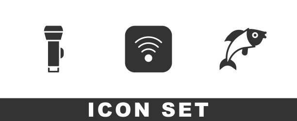 设置手电筒，Wi-Fi无线网络和鱼图标。向量图片下载