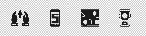 设置成长图表和进度，电话聊天信息，折叠地图与位置和奖杯图标。向量图片下载