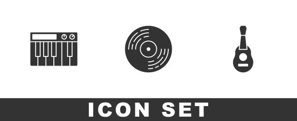 设置音乐合成器，黑胶唱片和吉他图标。向量图片下载