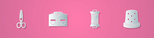 设置剪纸剪刀，衬衫，线轴和顶针缝纫图标。纸艺术风格。向量图片下载