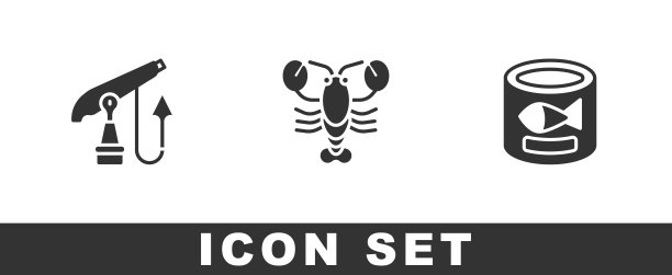 设置鱼叉，龙虾和罐头鱼图标。向量图片下载