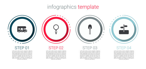设置房车、放大镜、铁锹、道路交通标志。业务信息模板。向量图片下载