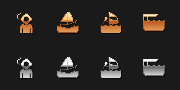 设置水浪、游艇、风帆和跳水板或跳板图标。向量图片下载