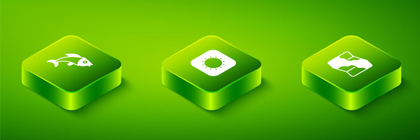 在地图和鱼图标上设置等距太阳，野营和徒步旅行。向量图片下载