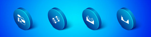 设置等距影院摄像机、滑板公园和滑板图标。向量图片下载