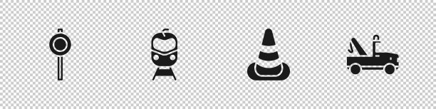 设置道路交通标志，火车和铁路，交通锥和拖车图标。向量图片下载