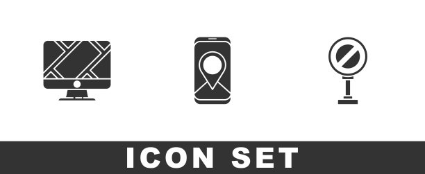 设置监视器与位置标记，城市地图导航和停止标志图标。向量图片下载
