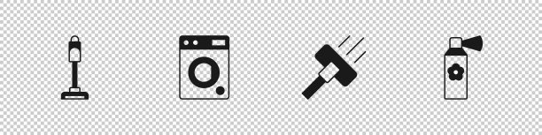 设置吸尘器、洗衣机和空气清新剂喷瓶图标。向量图片下载