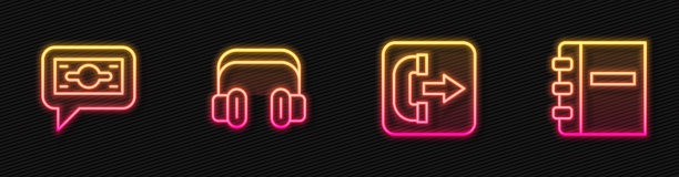 设置线路呼出电话，纸钱现金，耳机和笔记本。发光的霓虹灯图标。向量图片下载
