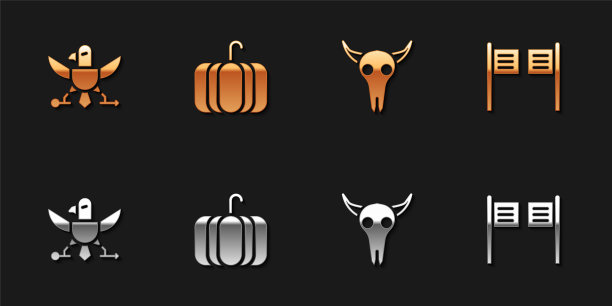 设置鹰，南瓜，水牛头骨和沙龙门图标。向量图片下载