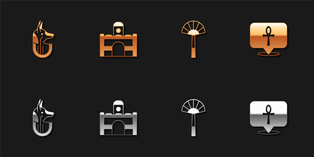 设置埃及阿努比斯，房子，扇子和十字章图标。向量图片下载