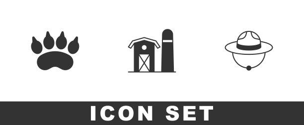 设置熊爪脚印，农场房子和加拿大护林员帽子图标。向量图片下载