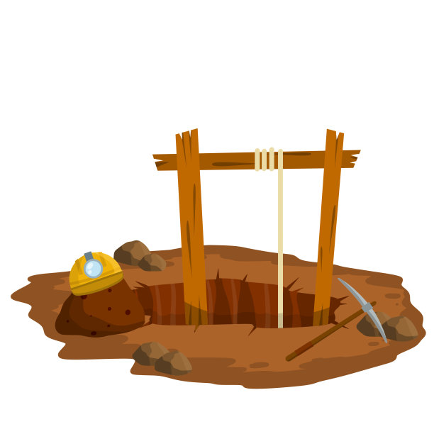 我的。地上的洞，岩石，鹤嘴锄，矿工的头盔。提取矿物质。图片下载