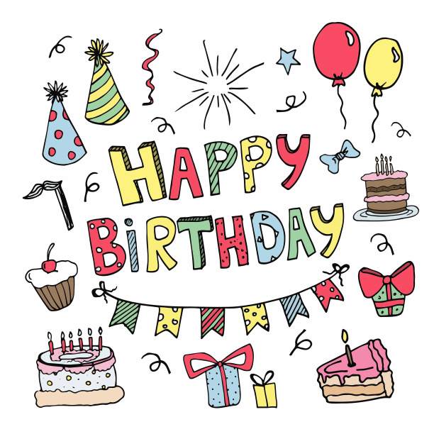 一套生日快乐彩色涂鸦。派对装饰草图，礼盒，蛋糕，派对帽。手绘矢量插图孤立在白色背景上。图片下载