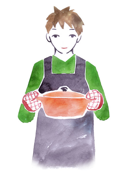 年轻人烹饪水彩插画图片下载