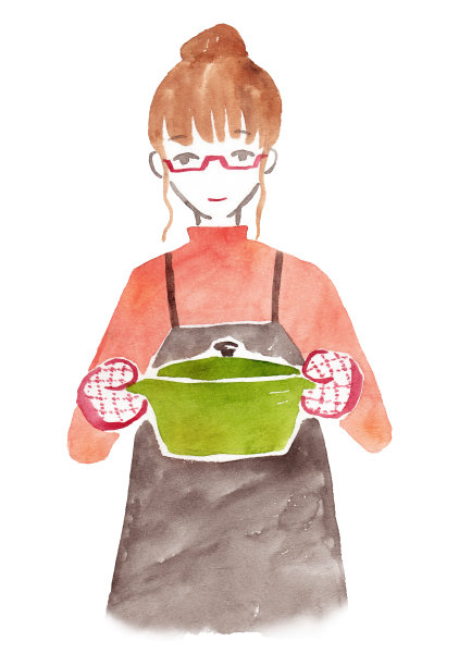 年轻女子烹饪水彩插图图片下载