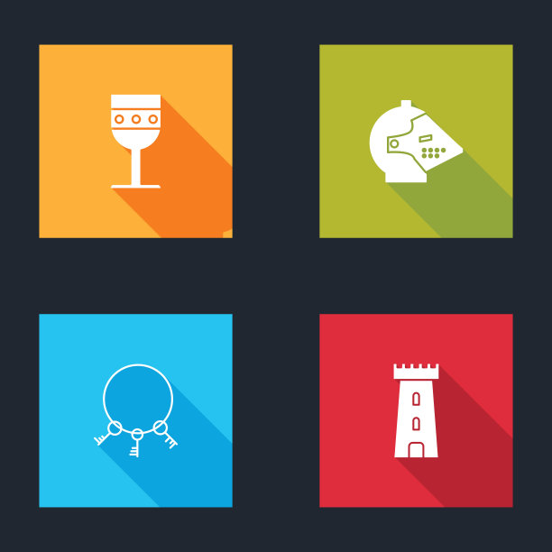 设置中世纪高脚杯，铁头盔，旧钥匙和城堡塔图标。向量图片下载