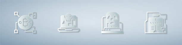 设置区块链技术比特币，互联网盗版，放射性警示灯和未来式滑动门。纸艺术风格。向量图片下载