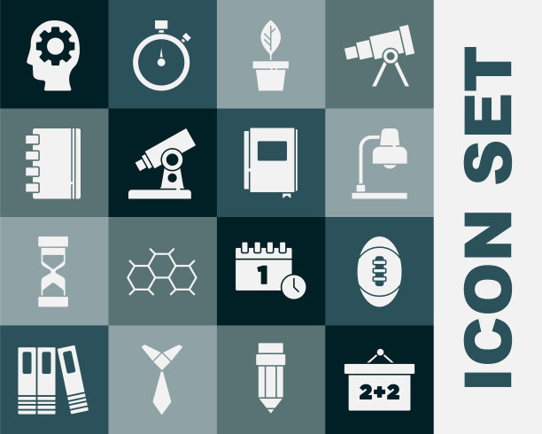 设置黑板，美式足球，台灯，花盆，显微镜，螺旋笔记本，齿轮内的头和书的图标。向量图片下载