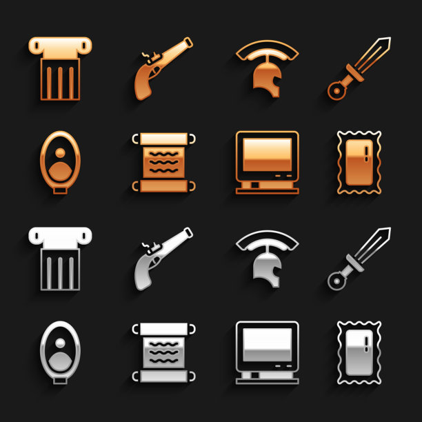 设置纸莎草卷轴，中世纪的剑，大全长镜子，复古电视，人像在博物馆，罗马军队头盔，古代柱和古董手枪图标。向量图片下载