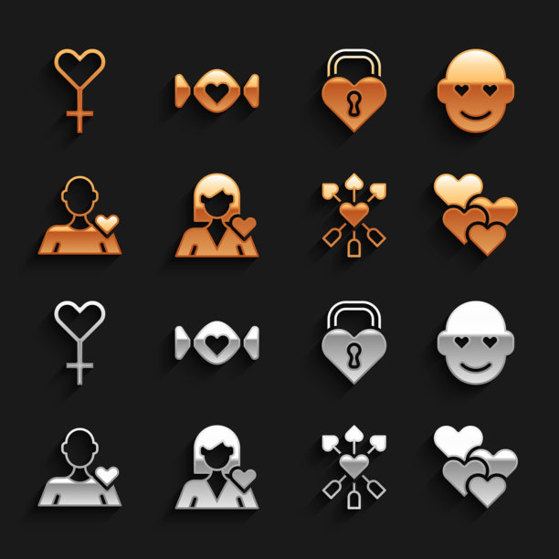 设置浪漫的女孩，心，爱与心和箭，城堡的形状，女性的性别象征和糖果图标。向量图片下载