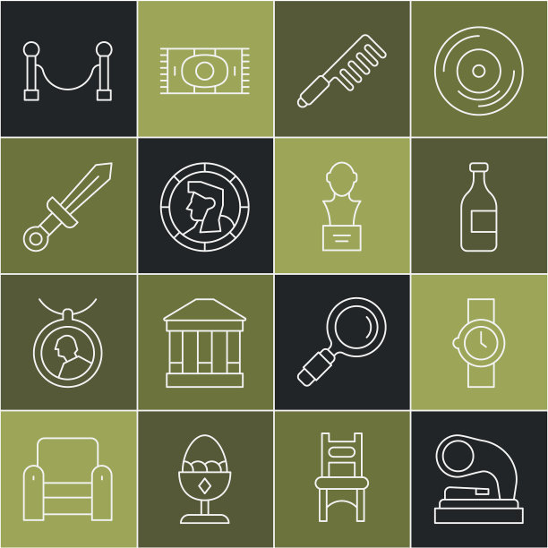 设置线老留声机，腕表，酒瓶，发刷，古代硬币，中世纪剑，绳障和石膏头雕塑半身像图标。向量图片下载