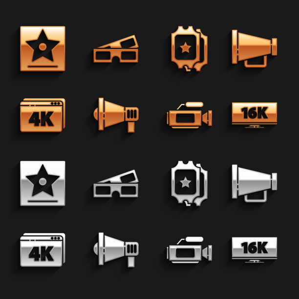 配备扩音器，16k屏幕电视，影院摄像头，在线播放4k视频，电影票，好莱坞星光大道明星和3D影院图标。向量图片下载