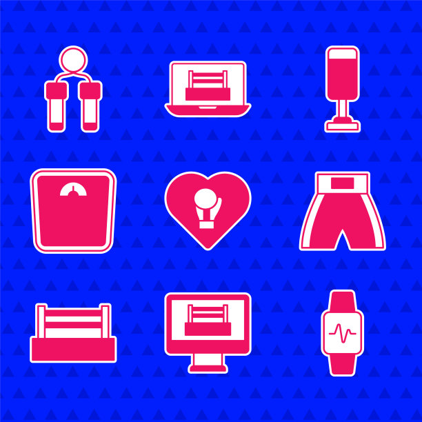 设置拳击手套，戒指，智能手表与心脏，短，浴室秤，出拳袋和跳绳图标。向量图片下载