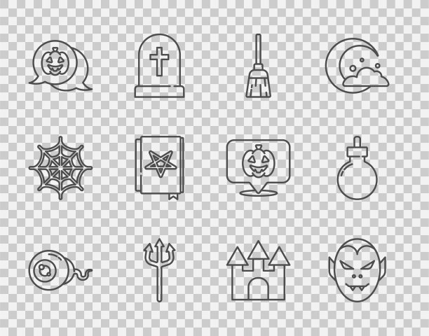 设置线眼睛，吸血鬼，女巫扫帚，海王星三叉戟，南瓜，古老的魔法书，城堡和炸弹准备爆炸图标。向量图片下载