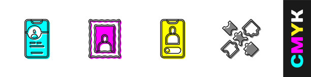 设置约会应用在线，相框，手机来电和拼图玩具图标。向量图片下载