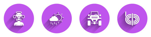 集非洲部落男性，云与雨，越野汽车和攀登者绳索图标与长影子。向量图片下载