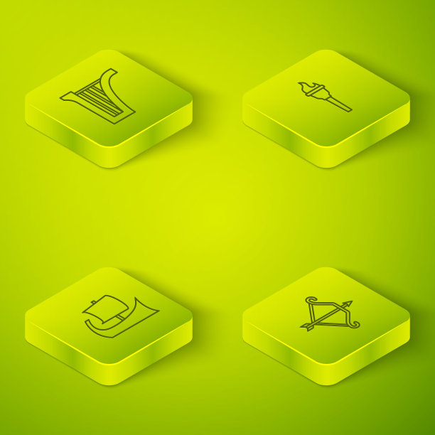 设置火炬火焰等距线，希腊三棱，中世纪弓与箭和竖琴图标。向量图片下载