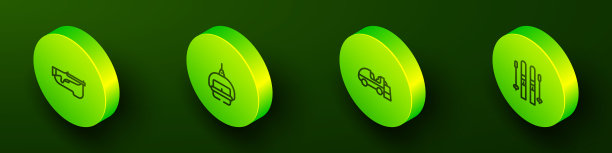 设置等距线冬季两项步枪，滑雪升降机，冰面表面和和棍子图标。向量图片下载