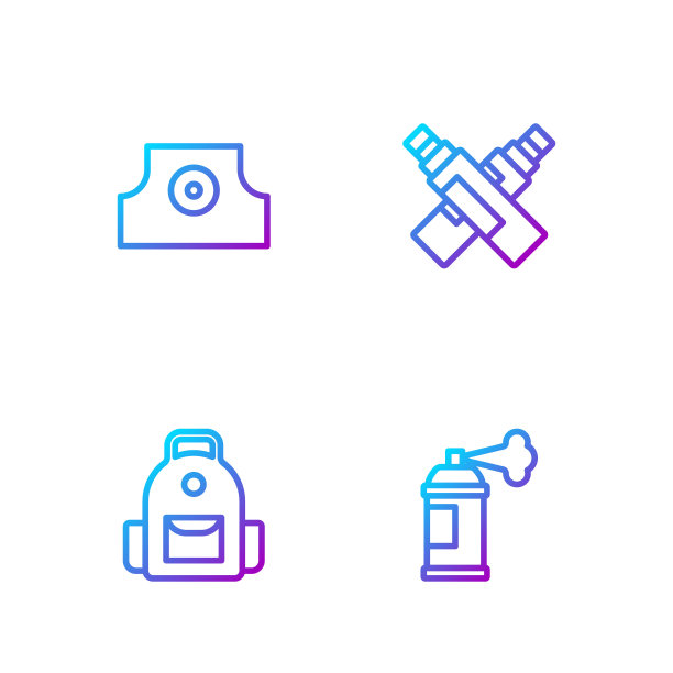 设置喷漆罐，书包，喷头帽和记号笔。渐变颜色图标。向量图片下载