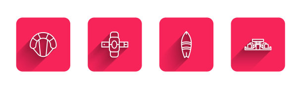 设置线降落伞，护膝，冲浪板和一级方程式赛车与长阴影。红场按钮。向量图片下载