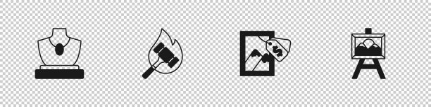 拍卖珠宝、锤子与画作图标。图片下载