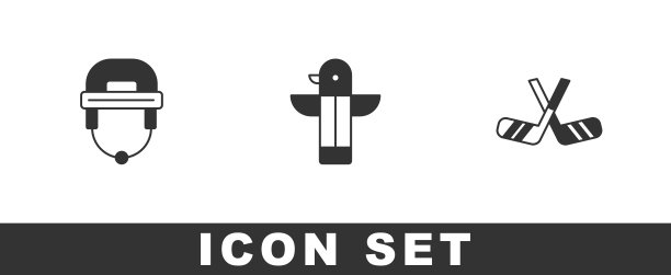 设置曲棍球头盔，加拿大图腾柱和冰球棍图标。向量图片下载