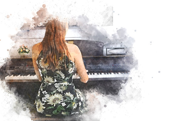 摘要钢琴键盘演奏以水彩插画绘画为背景。图片下载