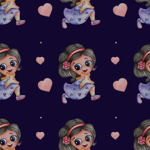 无缝模式。可爱的女孩穿着漂亮的裙子捕捉明星和运行在深蓝色的背景粉红色的心。水彩。儿童收藏装饰和设计，墙纸和印刷图片下载