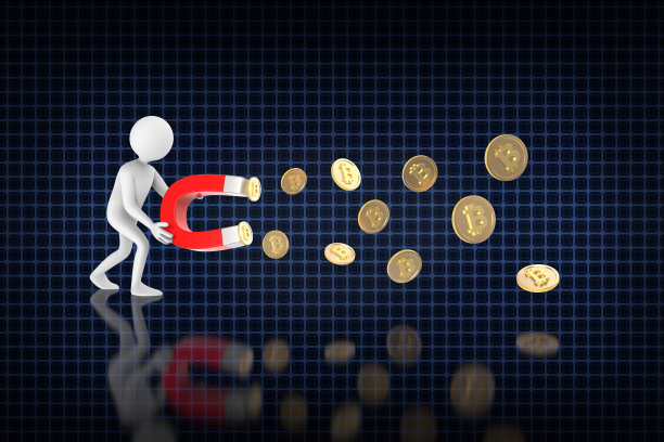 一个卡通人吸引比特币磁铁的3D插图图片下载